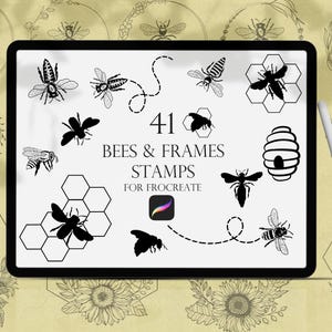 Bees Procreate Stamps, Bee brushes procreate, Honeycomb Stamps, Procreate Brushset, Line art bee frames Procreate, Insect Stamps,