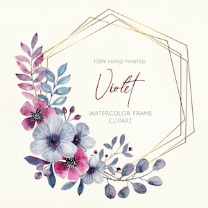 Aquarell violett Gold Rahmen Clipart Illustration. Lila Blumen. Boho-Stil. Gold-Geometrie, Hochzeit Einladungskarte. PNG, sofortiger Download