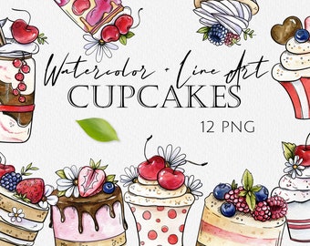 Watercolor cupcake PNG with outline hand drawn illustration, dessert and cakes clipart, DIY, food illustration with flowers and berries