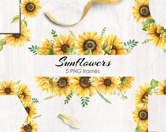 Sunflowers Frames PNG - Floral Frame - Geometry Frame - Watercolor clipart - Autumn Wedding decor - PNG files - Sunflower PNG