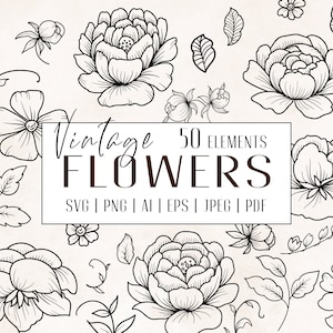 Floral svg, flowers outline svg, svg designs, roses svg, peony svg, botanical clipart, line art, doodle flowers, diy, cut files, flower svg