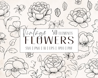 Floral svg, flowers outline svg, svg designs, roses svg, peony svg, botanical clipart, line art, doodle flowers, diy, cut files, flower svg