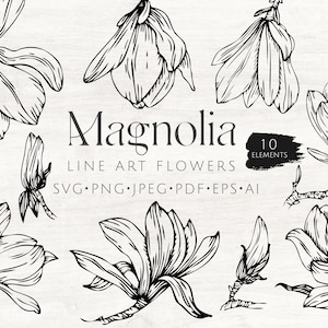 Magnolia Flowers SVG, Hand drawn Flowers SVG, Magnolia flowers PNG, Silhouette Flowers, Doodle Flowers, Clip Art,  Line Drawing svg, diy