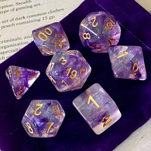 Mystic Twilight DnD Dice Set for Dungeons and Dragons | Clear Resin with Purple Swirl and Sparkles