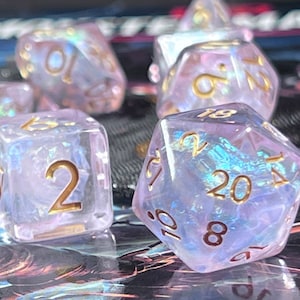 Luminant Pearl DnD Dice Set for Dungeons and Dragons | D20 TT RPG Polyhedral Dice Set | Pink Resin Swimming with Pearl Foil