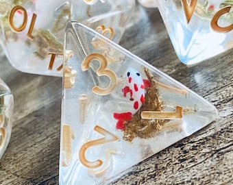 Koi Fish DnD Dice Set for Dungeons and Dragons | D20 TTRPG Polyhedral Dice Set |  Koi Fish and Moss Inside!