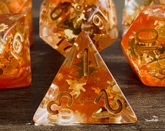 Fall Leaves DnD Dice Set for Dungeons and Dragons | D20 TTRPG Polyhedral Dice Set | Falling Leaves Inside!