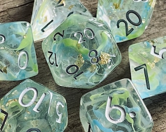 Flotsam DnD Dice Set for Dungeons and Dragons | D20 TTRPG Polyhedral Dice Set | Swirling Aqua Colors with Gold Flakes Inside!
