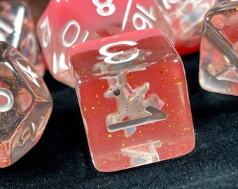 Pink Unicorn DnD Dice Set for Dungeons and Dragons | D20 TT RPG Polyhedral Dice Set | Pink Resin with little Unicorns Inside!