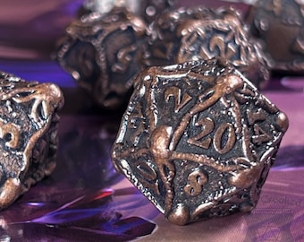 Bronze Octopus Metal DnD Dice Set | Heavy Octopi Polyhedral Dice for Dungeons and Dragons