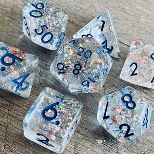 Frozen Treasure DnD Dice Set for Dungeons and Dragons | D20 TTRPG Polyhedral Dice Set | Clear Resin with Faux Rose Gold Flakes Inside!