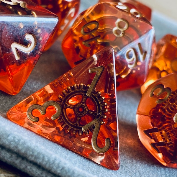 Gear Punk Steampunk Dice Set | D20 TTRPG Polyhedral Dice | Red Resin, Gears Inside