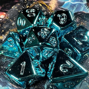 Blue Chrome DnD Dice Set for Dungeons and Dragons | D20 TT RPG Polyhedral Dice Set | Blue Electroplate Acrylic Dice Set