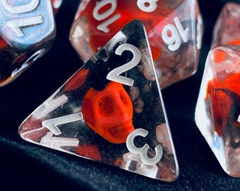 DEMON SKULL dnd Dice Set for Dungeons and Dragons, Clear Resin with RED skull and Black Smoke Inside, Polyhedral Dice Set, Rpg Dice Set