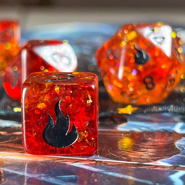 Fire Light DnD Dice Set | Colorful Glitter, Flame Engraving | Exclusive Dungeons & Dragons RPG Set