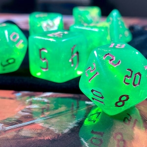 Mischief DnD Dice Set for Dungeons and Dragons | D20 TT RPG Polyhedral Dice Set | Green and Purple iridescent sparkle dice!