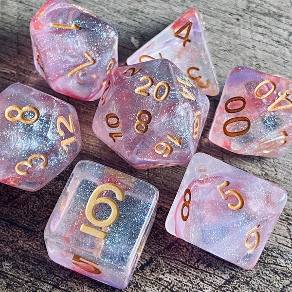 Peach Dreams DnD Dice Set for Dungeons and Dragons | D20 TT RPG Polyhedral Dice Set | Sparkle Resin with Pink and Purple Swirls