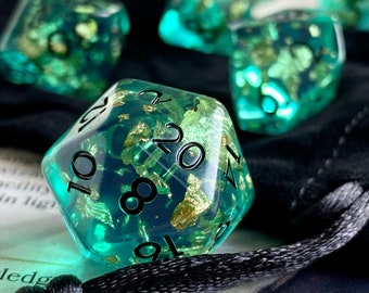 Sunken Treasure DnD Dice Set - Blue Resin with Faux Gold Flakes | Premium D20 Polyhedral Dice for Dungeons and Dragons | TTRPG Accessories