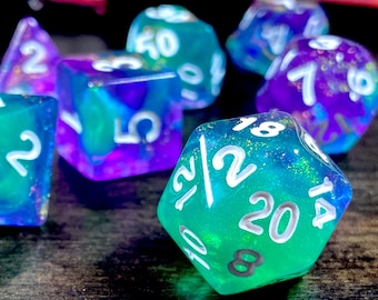 Poison Trap DnD Dice Set | Dungeons and Dragons | Green and Purple Swirling Iridescent Sparkles!