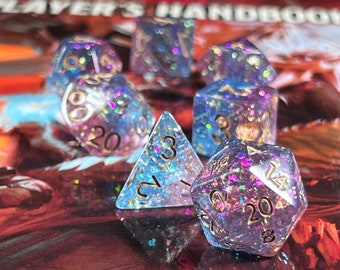 Cosmic Storm DnD Dice Set for Dungeons and Dragons | D20 TT RPG Polyhedral Dice Set | Blue and Purple Shimmering with Gold Flakes!