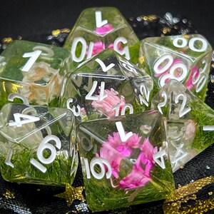 May include: A set of six clear resin dice with white numbers and pink and green pressed flowers inside. The dice are shaped like a traditional cube and have numbers 1 through 6 on each side.