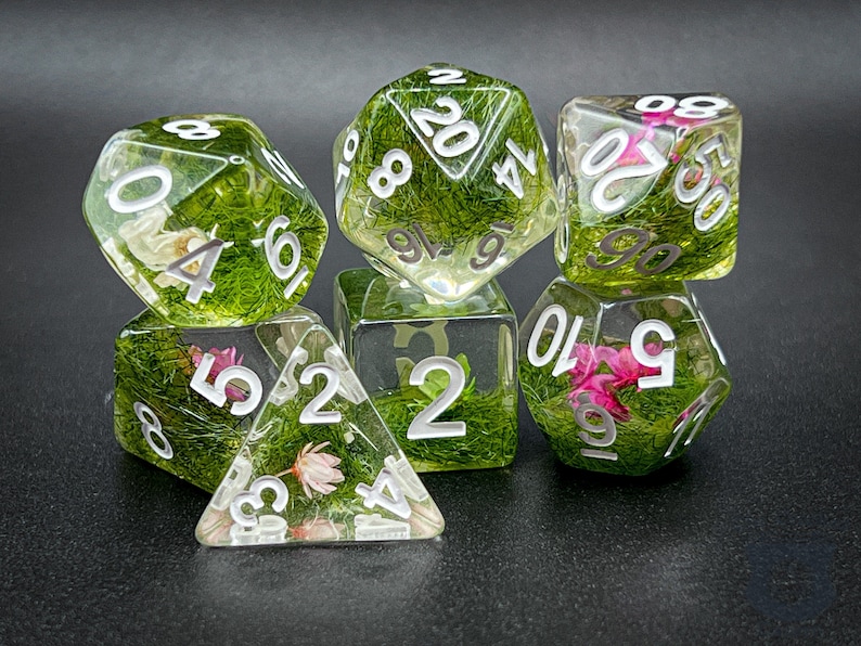 May include: A set of six clear dice with green and white accents. The dice are filled with dried flowers and greenery. The numbers on the dice are white.