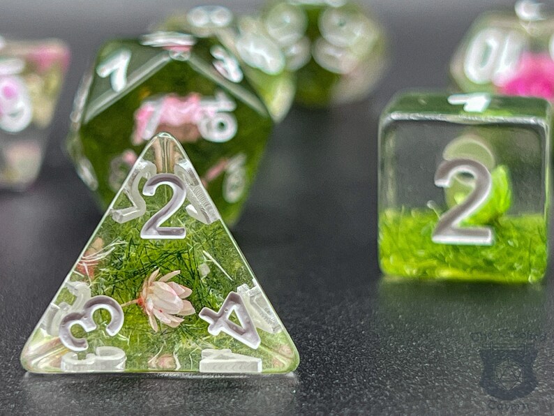 May include: A set of four clear resin dice with green and pink floral accents. The dice are numbered 1 through 6. The dice are a part of a set of polyhedral dice.