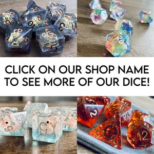 May include: A collection of colorful, multi-sided dice with various numbers and designs. The dice are made of clear, translucent plastic with glitter and metallic accents. The dice are arranged on a wooden surface and a gray fabric surface.  Click on our shop name to see more of our dice!
