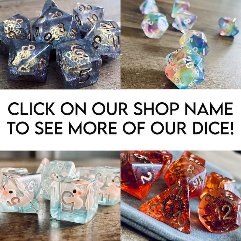 May include: A collection of colorful, multi-sided dice with various numbers and designs. The dice are made of clear, translucent plastic with glitter and metallic accents. The dice are arranged on a wooden surface and a gray fabric surface.  Click on our shop name to see more of our dice!