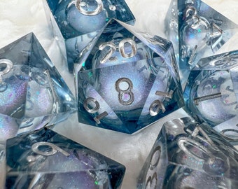 Midnight Liquid Core Dice Set for Dnd with Real Liquid | Handmade Sharp Edge Polyhedral Dice for TTRPGs