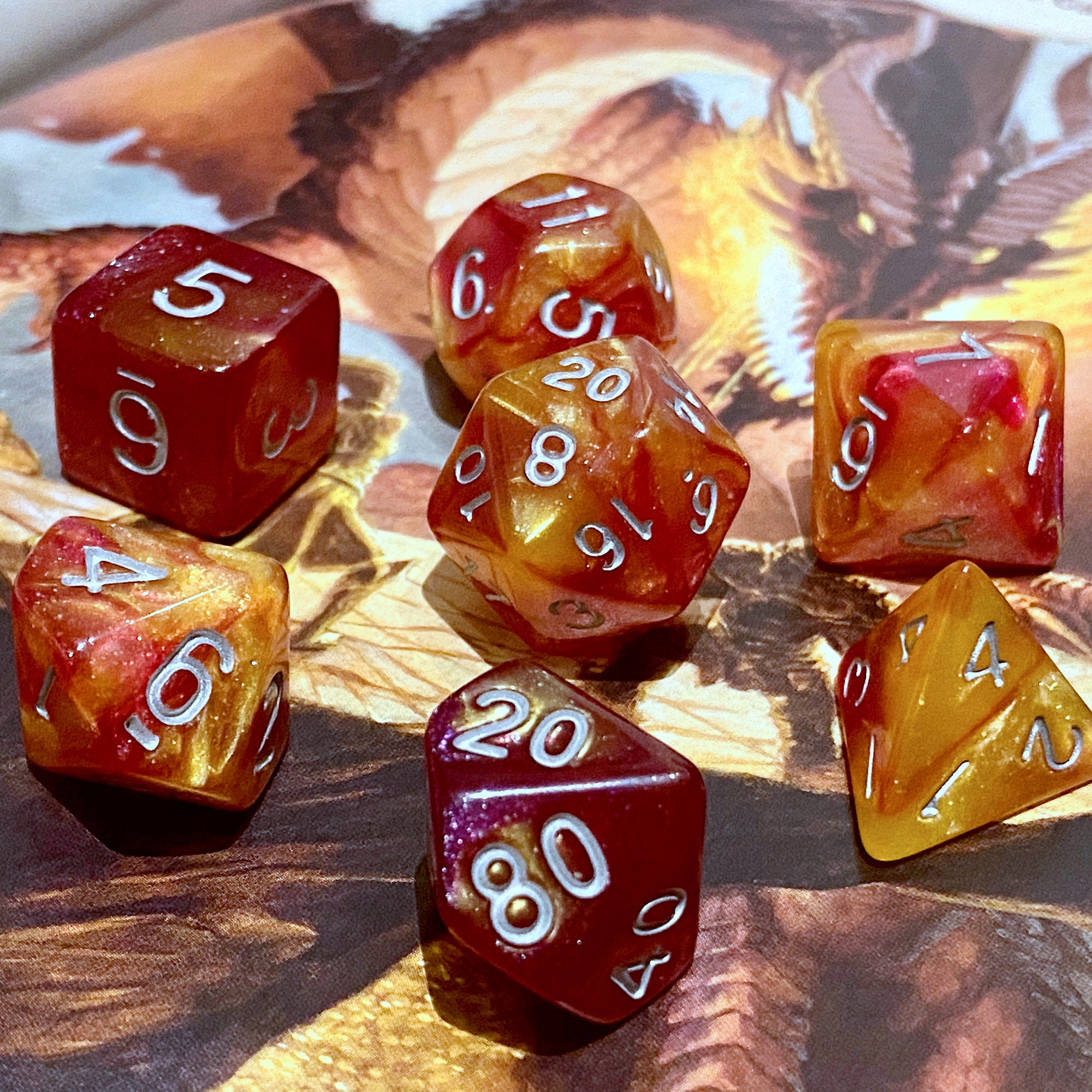 Fire Red Dice Set With Gold Numbers Polyhedral DND Dungeons and Dragons 