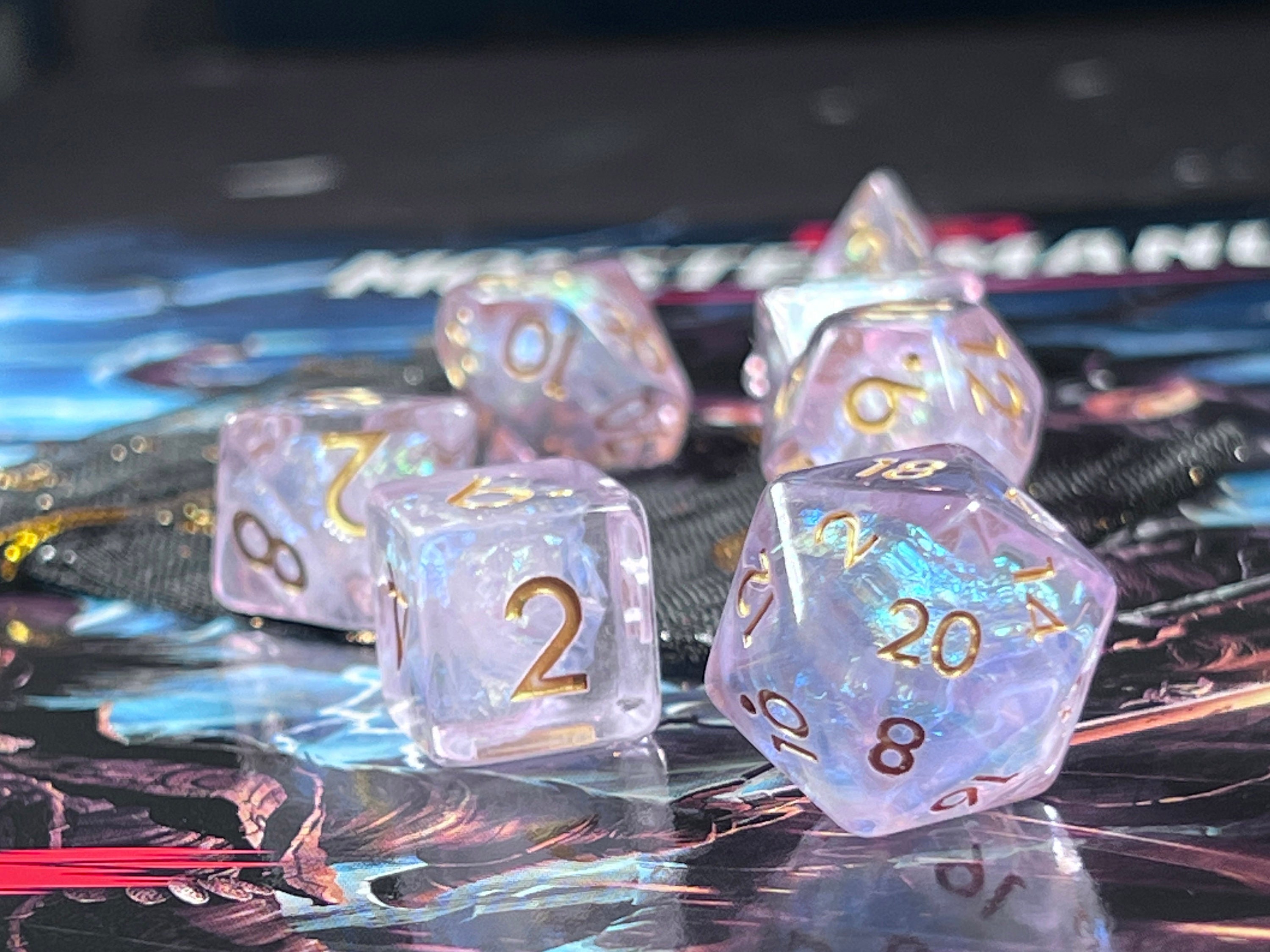 Luminant Pearl DnD Dice Set for Dungeons and Dragons | D20 TT RPG Polyhedral Dice Set | Pink Resin Swimming with Pearl Foil