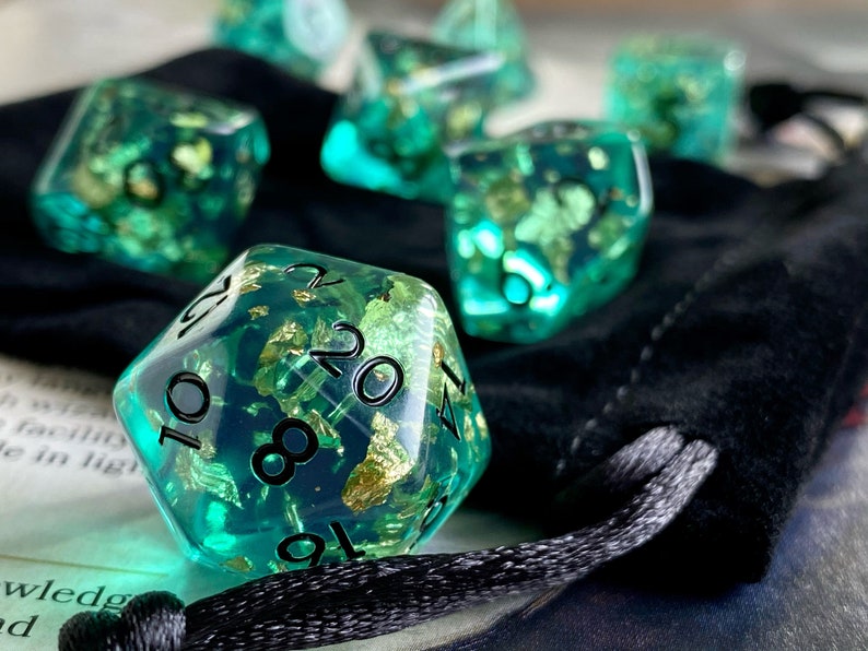Sunken Treasure DnD Dice Set for Dungeons and Dragons | D20 TTRPG Polyhedral Dice Set | Blue Resin with Faux Gold Flakes Inside! 