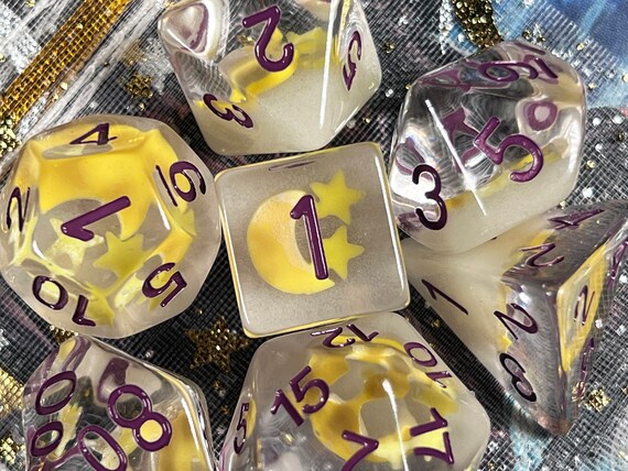 Glowing Starry Night DnD Dice Set | Glow in the Dark | Moons, Stars Inside | Dungeons and Dragons