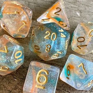 Garden of Eden DnD Dice Set | Dungeons and Dragons | Sparkle Resin with Green and Peach Swirls