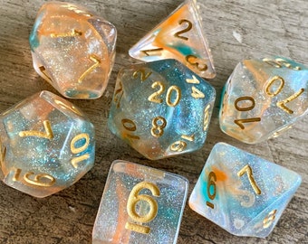 Garden of Eden DnD Dice Set | Dungeons and Dragons | Sparkle Resin with Green and Peach Swirls