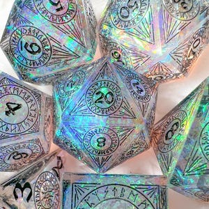 Rune Light DnD Dice Set: Handmade Sharp Edge Polyhedral - Electric Foil Finish
