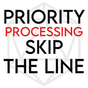 May include: Black and red graphic with a geometric shape in the center. The text reads "PRIORITY PROCESSING SKIP THE LINE".