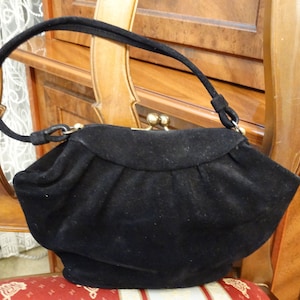 Vintage ladies genuine leather suede bag handbag purse black gold handmade Germany