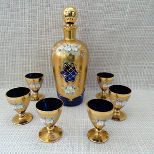 Bohemia Vintage Carafe & Glasses 6 Pieces Enamel Flowers Gold Crystal Glasses Shot Glasses Liqueur Glasses Wine Glass Romans Czechoslovakia