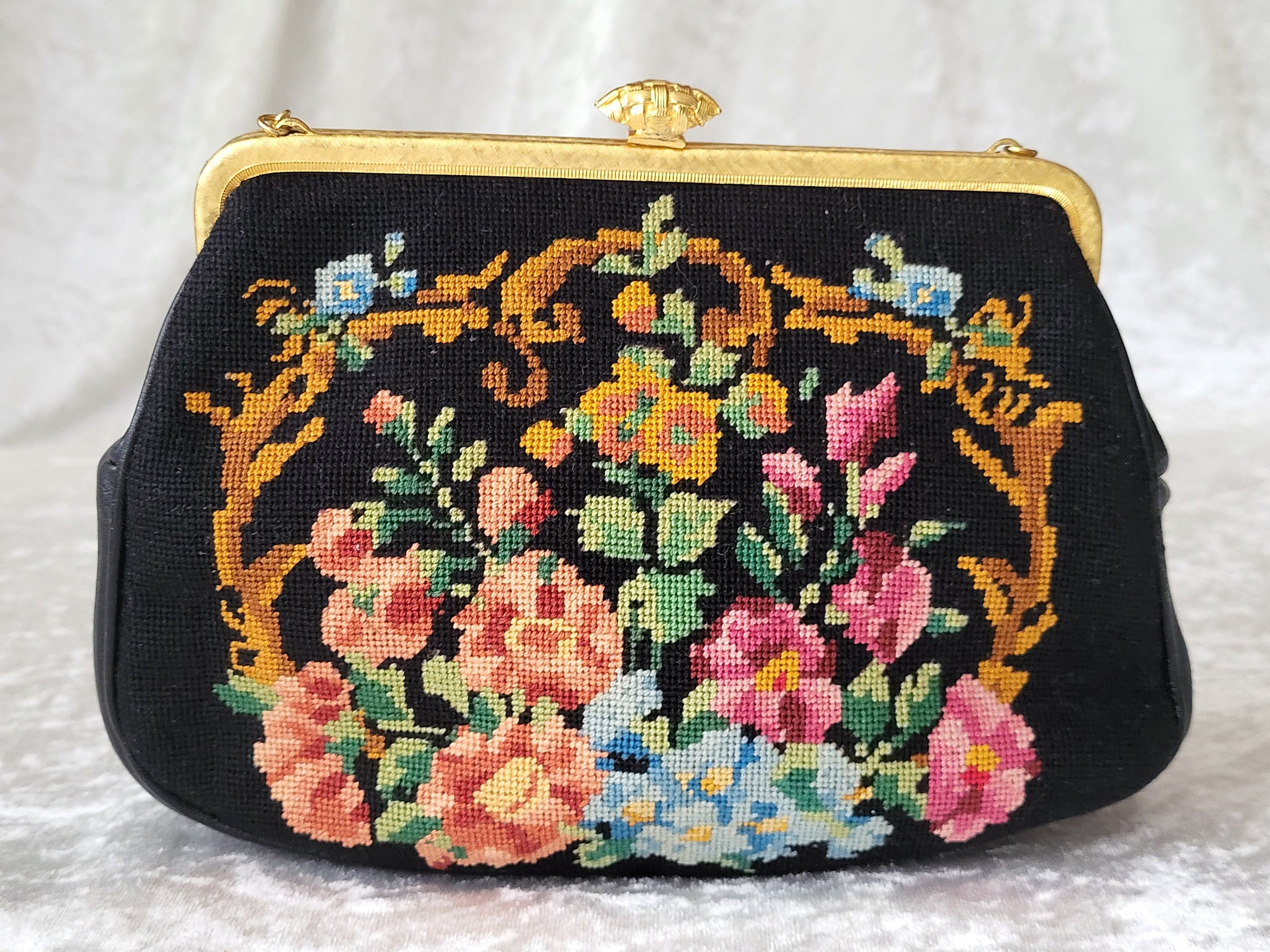 Vintage Austrian Petit Point Evening Bag, Petit Point Kiss