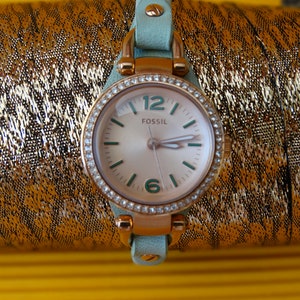 Fossil Women Watch Wristwatch Leather Bracelet Gemstones Mint Color