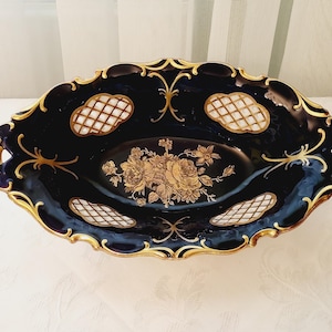 Pirkenhammer bowl decor flowers cobalt openwork bowl porcelain