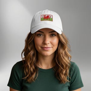 Embroidered Welsh Dragon Dad Hat – White Cotton Baseball Cap, Cymru Patriotic Sun Hat