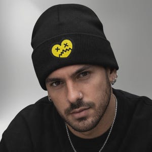 Dizzy Heart Embroidered Beanie, Streetwear Gamer Knit Hat, Turbo Acrylic Cuff