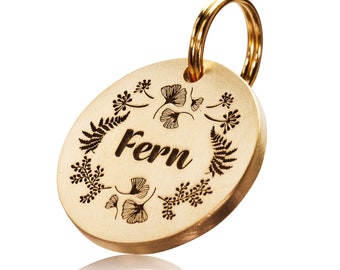 Botanical Design, Deep Engraved, Solid Brass / Stainless steel Dog / Pet ID Tag