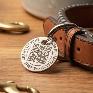 Op de afbeelding: Een verzameling accessoires voor huisdieren, waaronder een bruine leren halsband met een zilveren gesp en een bijpassende riem. Een klein, rond label met een QR-code en tekst is aan de halsband bevestigd. Een beige en bruin zakje en een waterbak zijn ook aanwezig.