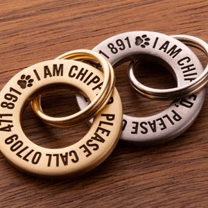 May include: Two circular metal pet identification tags, one gold-coloured and one silver-coloured, each featuring a split ring. The tags are engraved with the text I AM CHIP, a paw print icon, and the phone number 471 891 07709, along with the text PLEASE CALL.