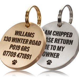 Deep Engraved, Solid Brass / Stainless steel, Circular Dog / Pet ID Tag image 1