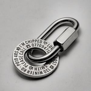 May include: Silver dog tag with engraved text: "I'm chipped, please call 077094714019, Winter Rd 130 Smith, Lost" with a heart symbol and paw prints. The tag is attached to a silver carabiner.